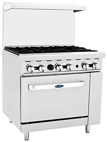 Atosa CookRite AGR-6B-NG 36 Gas Range with Full-Size Oven, Over Shelf and Backsplash Cooker Stove for Diner | 6 Cast Iron / 1 Oven Burner | Heavy Duty Stainless Steel, 219,000 BTU, Natural Gas (NG)