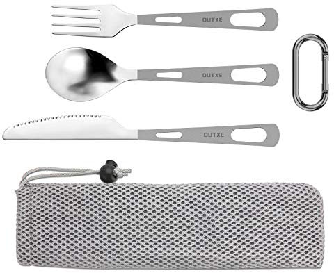 OUTXE - Set di posate in titanio lucido, forchetta, cucchiaio, leggero, con borsa per il trasporto, per picnic, escursionismo