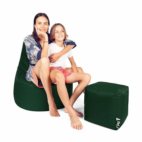 PATCH HOME Patchhome Gamer Cushion Lounge Cushion Bean Bag Chair Seat Cushion Bean Bag + Cube / Stool with Zip Already Filled (Dark Green, XXL - Diameter 80 cm Armchair + 35 x 35 cm Cube)