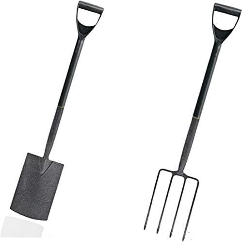 PaMeer 2-Pcs Spade And Fork Set For Gardening, Carbon Steel Gardening Spade & Border Fork, Ergonomic Design Digging Spade and 4 Tines Garden Fork Heavy Duty_ Grey_ 102x 18Cm