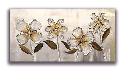 DIAMOND HOME Dipinto a Mano Acrilico su Tela con Telaio d'Abete - Quadro Materico Rettangolare con Dettagli in Rilievo - Made in Italy da Pittori Specializzati (70x140) FIORI ALLU-70x140