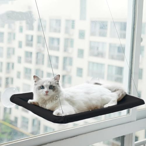 Cat Window Hammock Perch Cat Safety Sunny Bed with Durable Heavy Duty Suction Cups Resting Sunny Window Seat for Indoor Cats Sleeping Space Saving Window Mounted Holds Up to 30lbs (Black)…