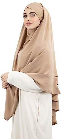 Lamis Hijab - Khimar 2 velos de seda de medina alto jilbab para mujer musulmana velada KH200, Beige Marrón, Talla única