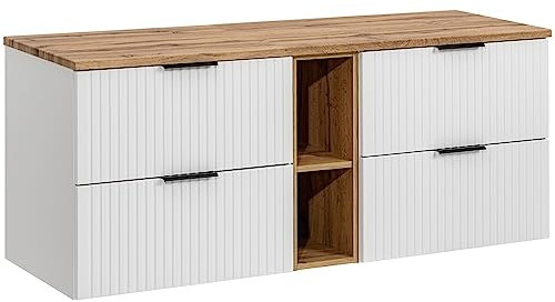 Lomadox Meuble de lavabo double 140 cm en blanc avec chêne Nb, avant rainuré, plateau de lavabo en chêne, 4 tiroirs