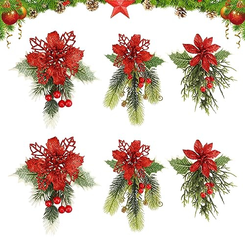 Bekecidi Lot de 6 Fleurs de Poinsettia À Paillettes de Noël Branche de Baies Artificielles Fleurs de Sapin de Noël Rouge avec Clips pour Décoration de Fête de Mariage d'hiver, 3 Styles (Rouge)