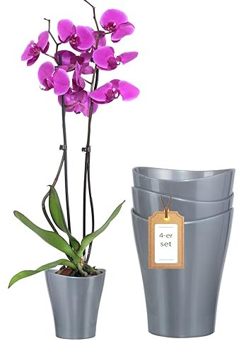 Garten lux Orchideentopf 4er Set 1L-Orchideen Übertopf Anthrazit Transparent Blumentopf Ø13cm-Kunststoff Orchid Pot-Blumentopf für Orchideen