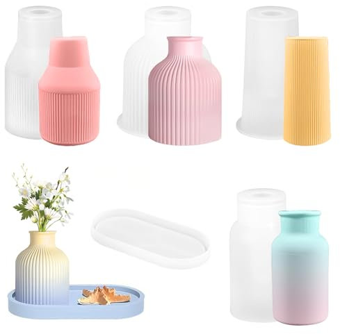 5 Stück Vase Silikonform, DIY Vases Resin Formen 4 Vase+1 Tablett, Silikonformen Gießformen, Handgefertigte Silikonform, Vases Set Formen für DIY Handwerk Home Dekor