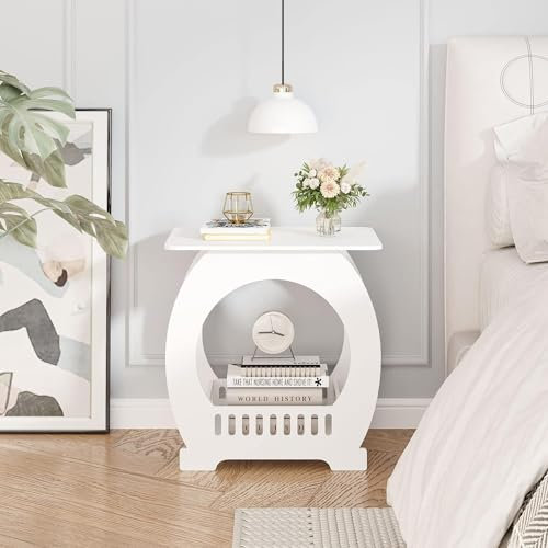 sanjianke-fs Bedside Table, Small End Table with Storage Shelf Basket, Side Table Small Spaces, Slim Coffee Tables, White Nightstand, Sofa Table for Living Room, Bedroom, Bathroom, Balcony (1, White)