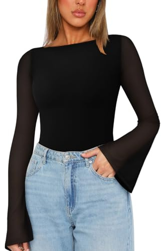 REORIA Women’s Fall Trendy Sexy Boat Neck Long Sleeve Sheer Mesh Slimming Going Out Bodysuit Tops For Vacation Black Medium