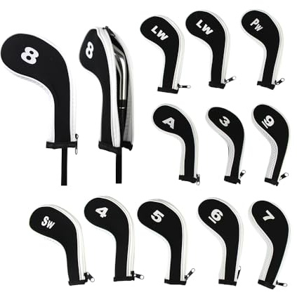 Scott Edward 12pcs Number Print Golf Club Irons Covers Neoprene Zippered Golf Wedge Covers with Long Neck Protective Mesh Men Women Fit Most Standard Irons (White Black)