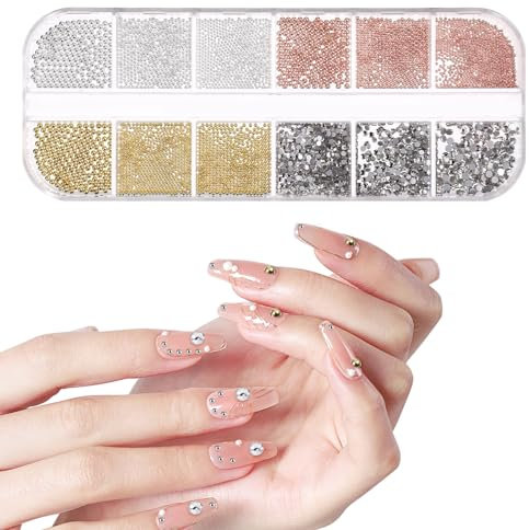 3D Nail Art Half Round Rhinestones & Caviar Micro Beads (Gold, Silver, Rose Gold) - Multi-Size Accessories for Manicure DIY Decoration (1 Box/12 Grids)