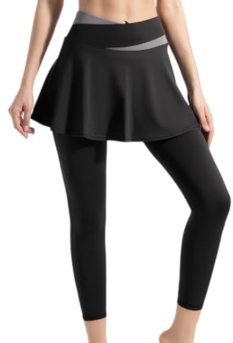 FUNSEED Leggings con gonnellino da donna, leggings atletici con gonnellino per palestra, golf, tennis, nero, XL
