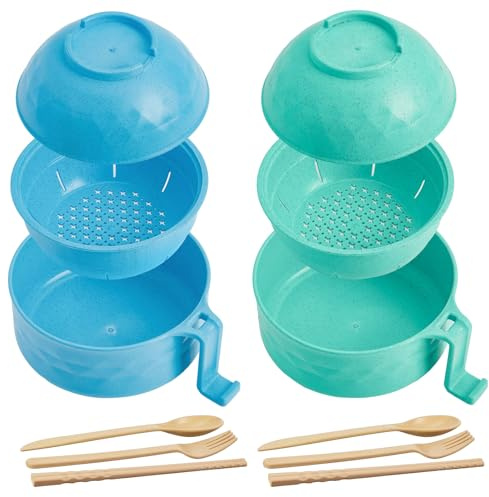 Romooa 2 Sets Microwave Ramen Bowl 40 oz Wheat Fiber Portable Instant Noodle Cooker Bowl with Handles Strainer Spoon Chopstick Fork College Dorm Room Apartment Essentials(Blue Sky,Mint Green)