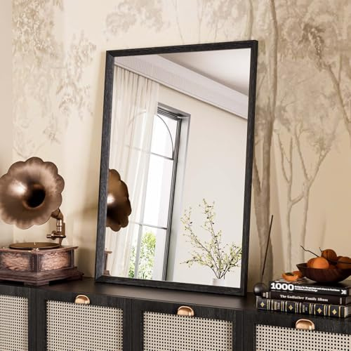 WEER Miroir Salle de Bain Noir, 50 x 70 cm Cadre Polymère Miroir Mural Rectangulaire à Texturé, Incassable Verre Trempé pour Salle de Bain, Chambre, Salon, Suspendre Horizontale ou Verticale