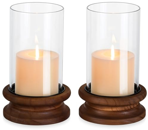 Hewory Portavelas de cristal decorativo para salón: juego de 2 cilindros de cristal vintage para velas con base de madera, soporte para velas grande, para decoración de mesa bohemia, rústica