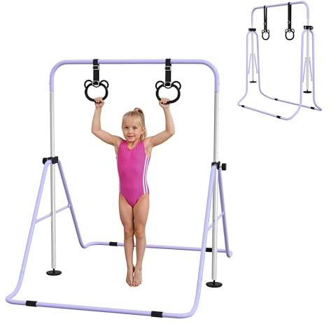 HOMCOM Barre de Gymnastique pour Enfants Hauteur Réglable 88-128 cm | Barre Horizontale, Équipement de Gymnastique Pliable, avec Anneaux de Gymnastique