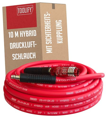 TOOLIFY Hybrid-Druckluftschlauch 10 m mit Sicherheitskupplung & Knickschutz