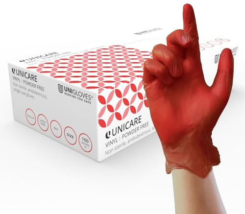 UNIGLOVES Unicare Vinyl Disposable Gloves - Multipurpose, Powder and Latex Free Examination Gloves - Box of 100 Gloves, Red, Extra Large (GS0115)