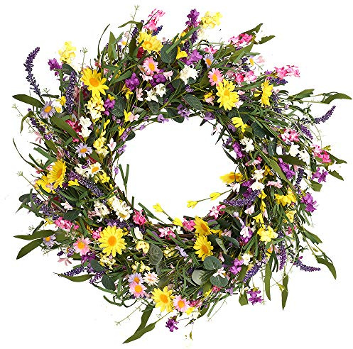 J'FLORU Spring Wreath 24 Inch Summer Wreaths for Front Door Artificial Flower Wreath with Daisy and Lavender for Indoor Outdoor and Easter Celebration