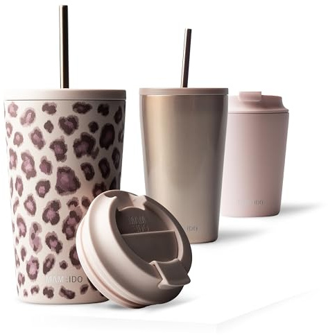 MAMEIDO Thermobecher mit Strohhalm 470 ml, Trinkbecher mit Deckel und Strohhalm aus Edelstahl doppelwandig isoliert, auslaufsicher, Coffee to go Becher (Dusty Glam)