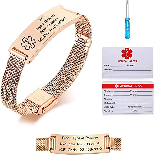 Bracciale di Emergenza Bracciale Personalizzato per Donne Mediche:VNOX Braccialetti ID Personalizzati con Incisione Bracciale Medico Regolabile in Acciaio Inossidabile da Uomo,Oro Rosa