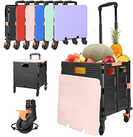 SELORSS Foldable Utility Cart Collapsible Crate Rolling Carts Handcart Trolley Tool Box Basket 4 360°Noiseless Wheels Lid Telescoping Handle for Shop Grocery Luggage Move Office School Teacher (Pink