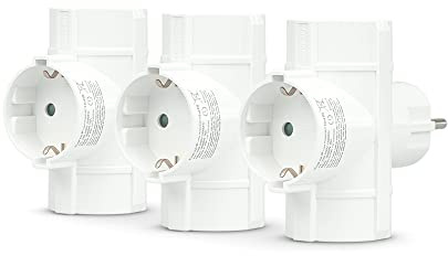 Garza - Pack de 3 Adaptadores Triples Lateral (3 Tomas Schuko) | Ladrón Triple de enchufes con Toma de Tierra | Protección Infantil. Blanco