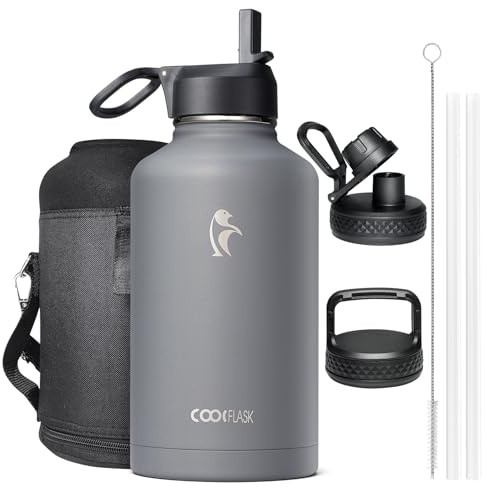 Coolflask Borraccia termica 2 l, 3 coperchi con cannuccia e beccuccio, borraccia sottovuoto in acciaio inox, per sport, viaggi, palestra, 48 ore fredde e calde