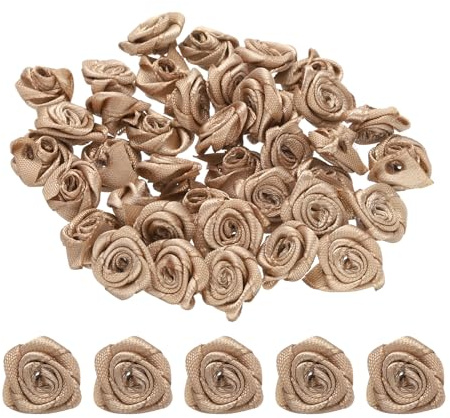 QUARKZMAN 100pz 1,5cm Mini Rose di Nastro in Raso Fiori Artificiali Stoffa Nastro Raso per Accessori Fai Da Te Cucito Confezione Regalo Decorazione Matrimonio, Marrone Chiaro