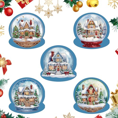 5 Pièces 5D Diamant Peinture Cartes de Vœux de Noël Cartes de Noël avec Peinture au Diamant pour Adultes Enfants DIY Diamond Painting En Forme de Boule de Neige Cards Cartes Postales Festival Cadeau