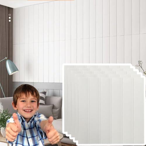 HAILM Peel and Stick 3D Wallpaper for Living Room, White Wall Cladding Panels Distressed Removable Foam Wall Panels Ceiling Tiles Self Adhesive for Wall Covering Bathroom Decorative,40Pcs