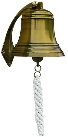 NKlaus Schiffsglocke aus antikem Messing mit Halter & Bändsel, 15cm – Nautische Retro-Deko 16091