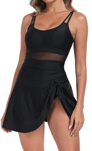 Derssity One Piece Swimming Costume for Women Plus Size Swim Dress Slimming Tummy Control Swimwear with Shorts B XL Black