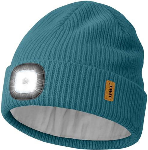 ATNKE LED-mössa med ljus, USB-uppladdningsbar 4 LED-upplysta löparmössa, handsfree pannlampa, vinter, varm, stickad mössa med fleece, fodrad present för män och pappor, Olivgrön, one size