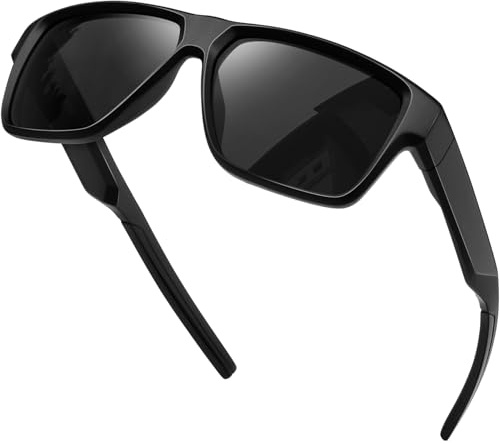 KANASTAL Lunettes de Soleil Homme Femme Polarisées Rectangulaires Sport Enveloppantes Léger UV400 Protection pour Vélo Course Pêche - Monture Mat Noire Lentilles Noires