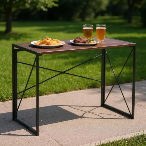 FurnitureR Garten-Esstische, Tisch für den Innen- und Außenbereich, Rahmen aus MDF und Metall, Keine Montage erforderlich, tragbar, Camping, für Picknick, BBQ, Garten, 100 x 50 x 75 cm, Nussbaum