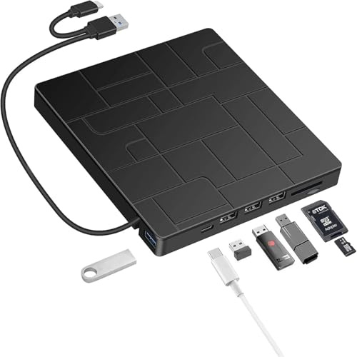 TIEOAXFT External CD/DVD Drive,7-IN-1 USB 3.0 Slim Portable DVD Player, CD ROM Burner, External Disk Drive Optical for PC Laptop Desktop