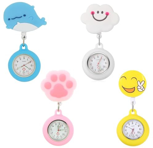 Fob Relojes para Enfermeras - 4 Piezas Relojes de Pecho de Enfermera,Reloj Digital con Clip,Reloj Solapa para Médicos,R-eloj Enfermería con Indicador Luminoso,Silicona Cubierta,Estetoscopio,R-eloj Fob
