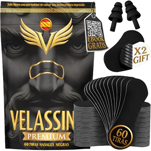 VELASSINA Tiras Nasales Deportivas Pack de 60 Nose Strips, Regalo Ebook, Tiras Bucales para Dormir, Tapones Oídos - Tiritas Nariz Respirar Mejor por la Nariz, Tiras Nasales Antironquidos, Nasal Strips