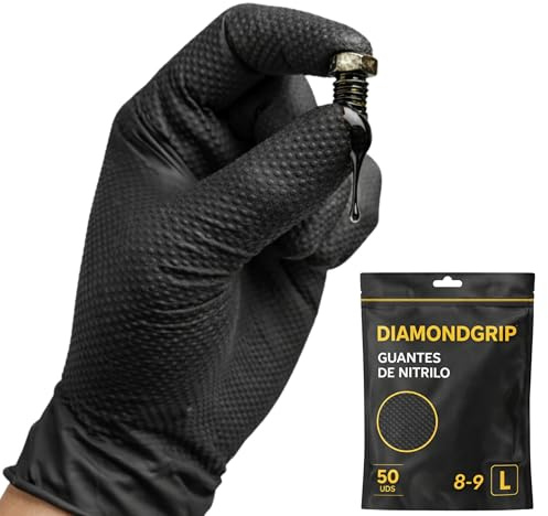 AFA Prime Guanti monouso in nitrile nero – Professionali fino a 10,4 g Tripla Resistenza | Doppio diamante anche con olio | Guanti da lavoro per officina, industria, pulizia e casa | L |
