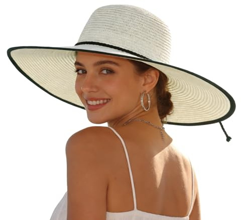 Ynport Crefreak Chapeau de Soleil en Paille à Large Bord pour Femmes avec Bordure Noire, Protection UV Chapeau de Plage Pliable pour Vacances d'été Voyage Activités en Plein Air