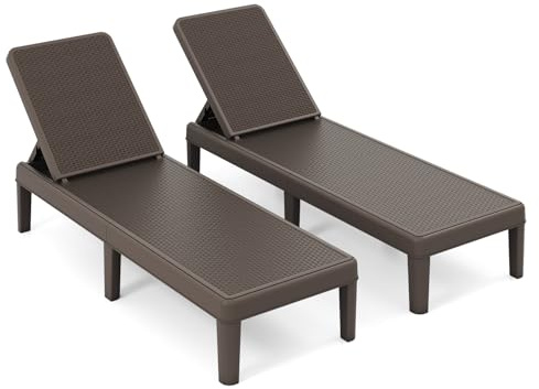 COSTWAY 2pcs Bain de Soleil en PP Effet Rotin, Chaise Longue Jardin Exterieur, Dossier Inclinable à 4 Positions, 6 Pieds, Montage sans Outil, Transat pour Terrasse Balcon Piscine, Charge 150kg(Marron)