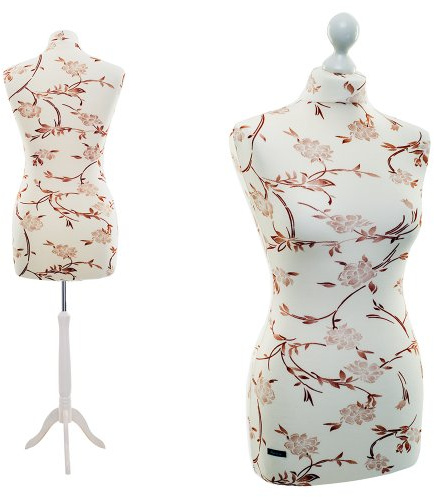 Schneiderpuppe LUCCESI | Zum Probierpreis! | Größe/Size S - XL (Female) | Torso Size: S (34-36) | Bezug Creme-Weiss/florales Muster (braun) | Standfuss Weiss | Damen - Schaufensterpuppe