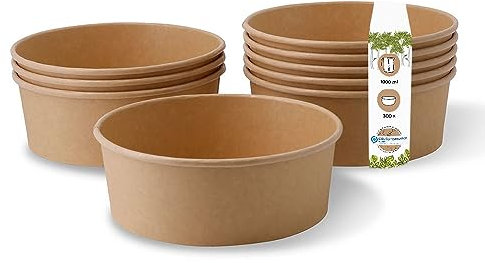 BIOZOYG Einweg Salatschale Bio Einweggeschirr Suppen-Schale braun rund 1000 ml I Kompostierbare Schalen Kraftkarton Verpackung mit PLA Innenbeschichtung I 300 Einweg-Schalen To Go Becher Salat