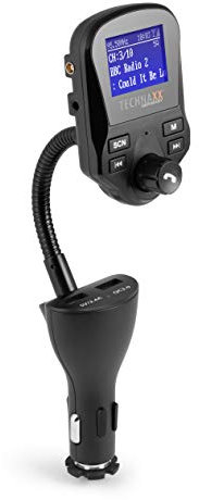 Technaxx FM DAB+ Transmisor FMT1500BT – Kit manos libres Bluetooth 4.2, 2 puertos USB QC 3.0 & 2.4A, AUX-IN, Micrófono, MicroSD, Radio DAB+ por FM, Pantalla grande
