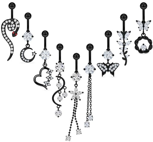 Vsnnsns 14G Dangle Belly Button Ring Piercing Jewelry 316L Stainless Surgical Steel Snake Navel Rings Heart CZ Butterfly Dangling Belly Button Ring Piercing Jewelry for Women 14 Gauge Black