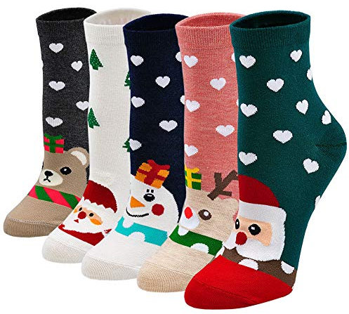 ZAKASA Fantaisie Chaussette Noël Femme: Coton Hiver Rigolotes Chaussettes Idée Cadeau Femme Drôle Chaussettes d'hiver Imprimé Humour Animale Motif 5 Paires EU 35-41 Noël-B