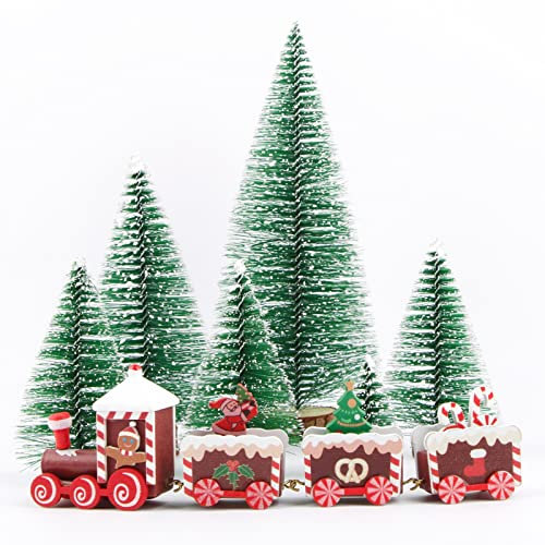 7 Pz Trenino Natalizio Legno Mini Albero di Natale Artificiale Sisal Alberelli Decorativi Innevati Piccoli Decorazioni Natalizie da Tavolo Addobbi Natalizi Casa Fai da Te (A)