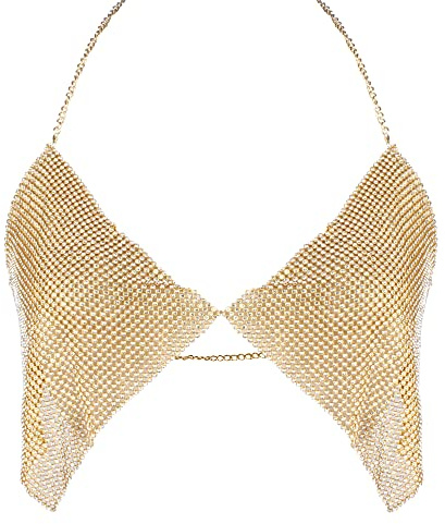 MEGAUK Bikini da donna con allacciatura al collo, con strass, reggiseno da donna, costume da bagno con schiena scoperta, bikini con seni grandi, 06266 oro, 5D