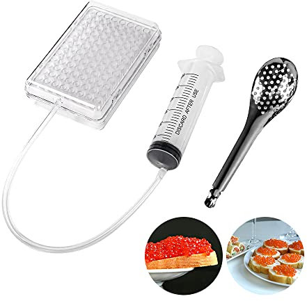DUEBEL Dispenser di caviale sferico aggiornato, scatola per caviale, kit per la gastronomia molecolare, dispenser per salsa di uova con infusore e cucchiaio colino